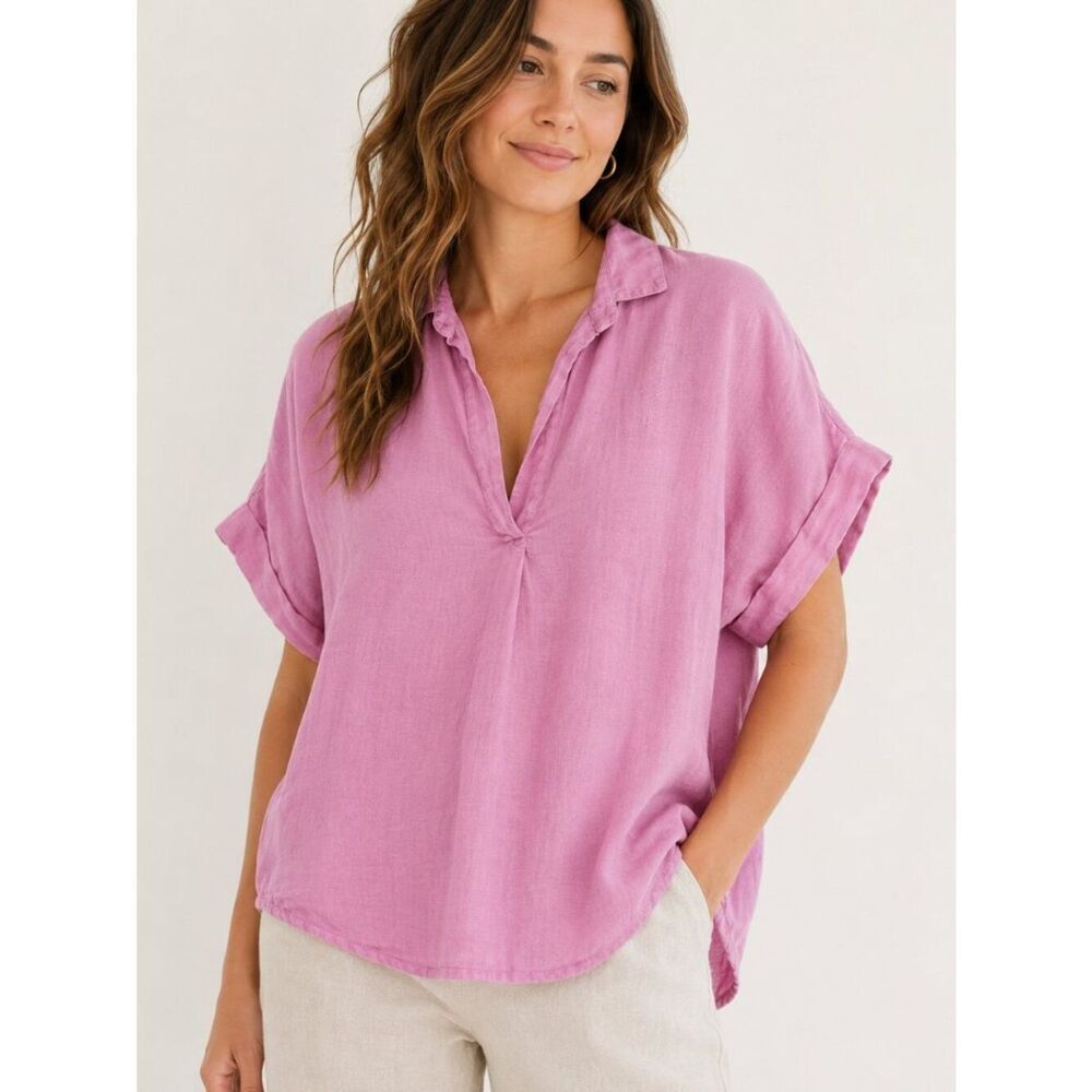 0039 Italy Pink Linen Popover Top Size S